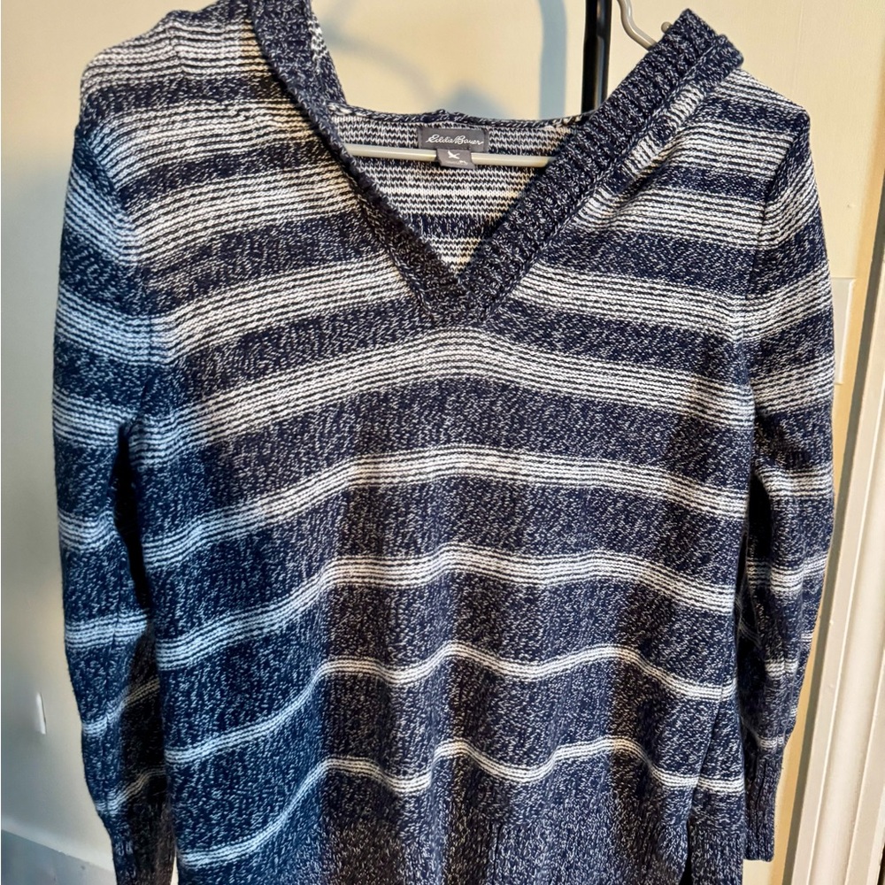 Eddie Bauer Navy and White Striped Women's Hooded Sweater